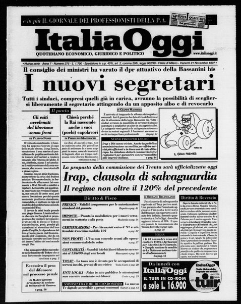 Italia oggi : quotidiano di economia finanza e politica